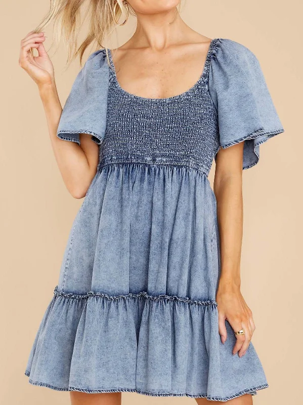 Dresses Loose Square Neck Short Sleeve Denim Dress for Women