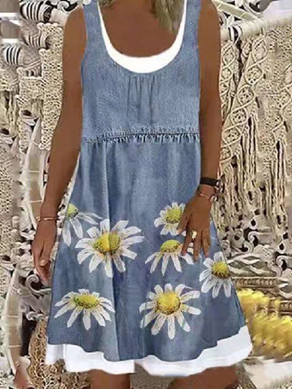 Loose Chrysanthemum Print Sleeveless Denim Dress for Women