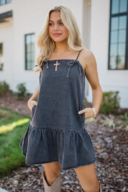 A World Like That Washed Black Tie Strap Denim Dress