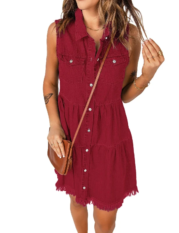 Dark Red Women Sleeveless V Neck Button Down Frayed Hem Short Denim Dress