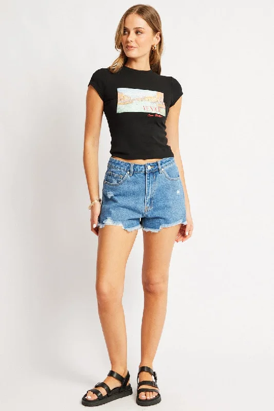 Denim Ripped Denim Short Mid Rise