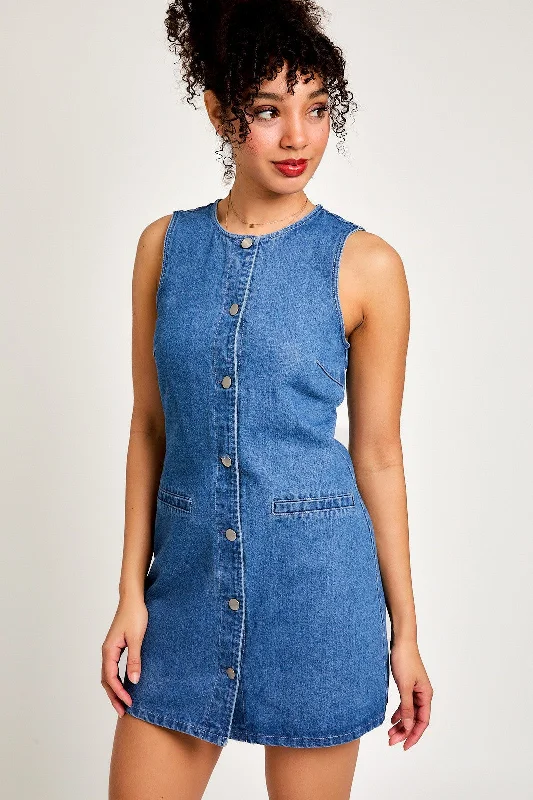 Denim Round Neck Sleeveless Button Front Denim Dress