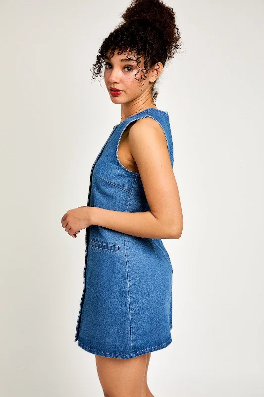 Denim Round Neck Sleeveless Button Front Denim Dress