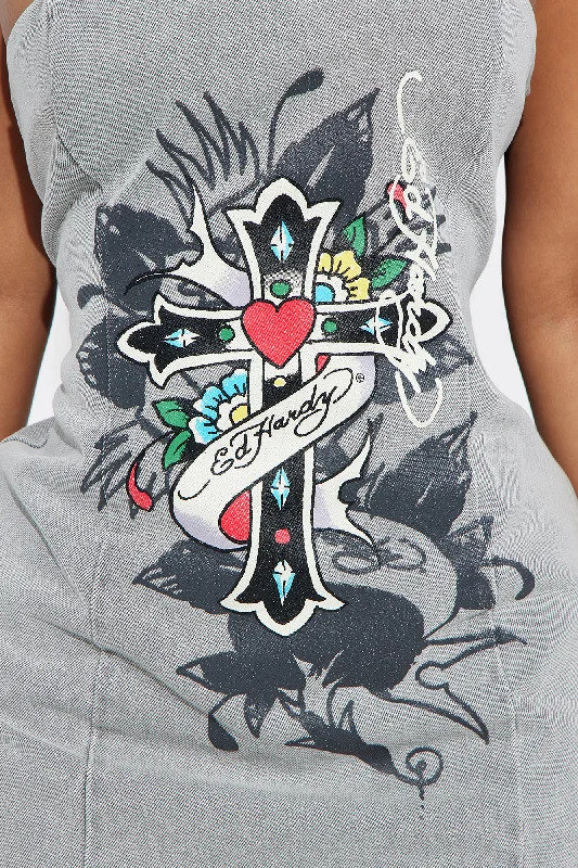 Ed Hardy Cross Denim Mini Dress - Grey