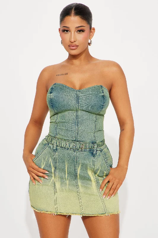 The Denim Doll Mini Dress - Green/combo