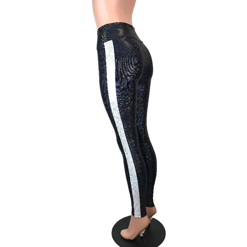 Black w/ Silver Stripe Shattered Glass Holographic Leggings Pants