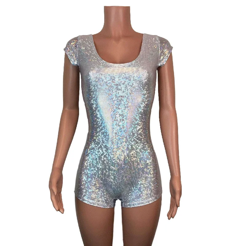 Cap Sleeve Romper - Silver Holographic Shattered Glass