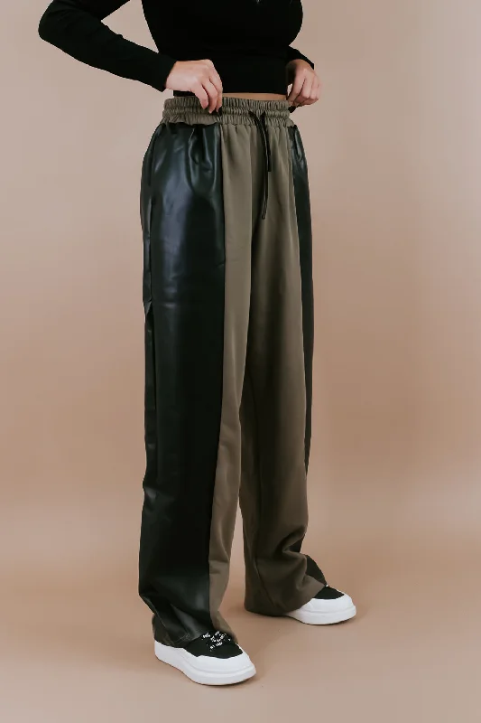 Edgiest Leather Split Sweatpants, Olive Combo