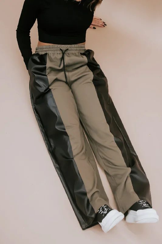 Edgiest Leather Split Sweatpants, Olive Combo