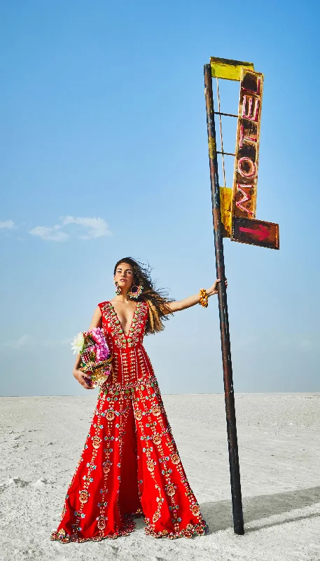 Fiercely Frenzy : Red Embellished Jumpsuit