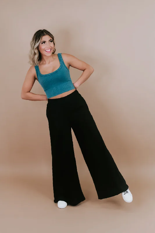 French Terry Wide Leg Sweatpants, Black