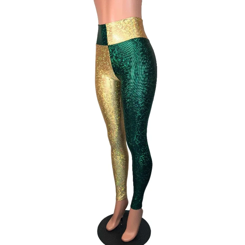 *Sample - Green & Gold Sports Team Holographic High Waist Leggings Pants - Final Sale