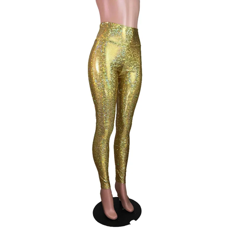 High Waist Leggings - Gold Shattered Glass Holographic Pants