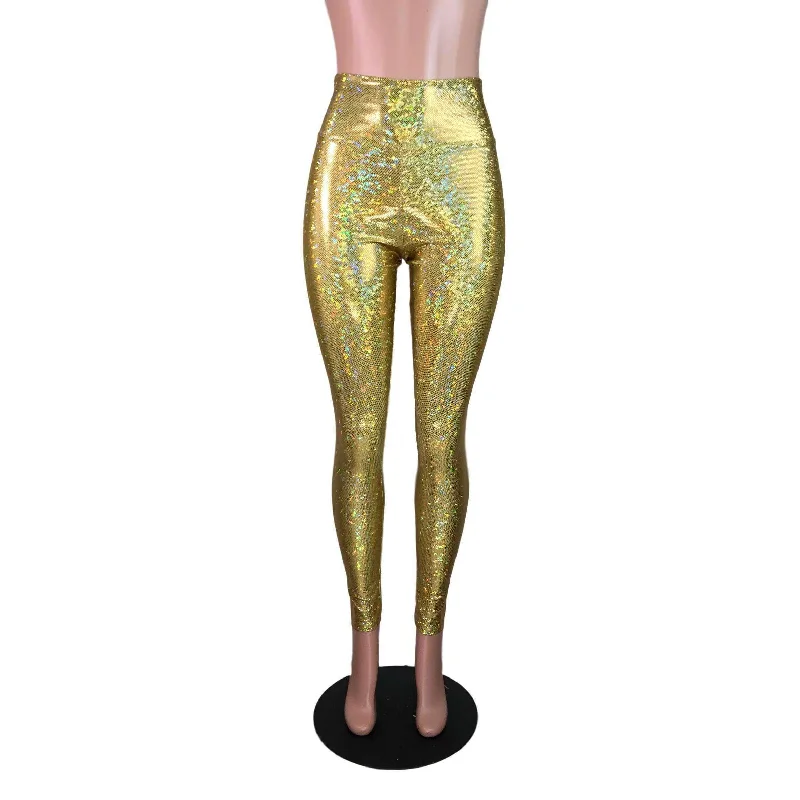 High Waist Leggings - Gold Shattered Glass Holographic Pants