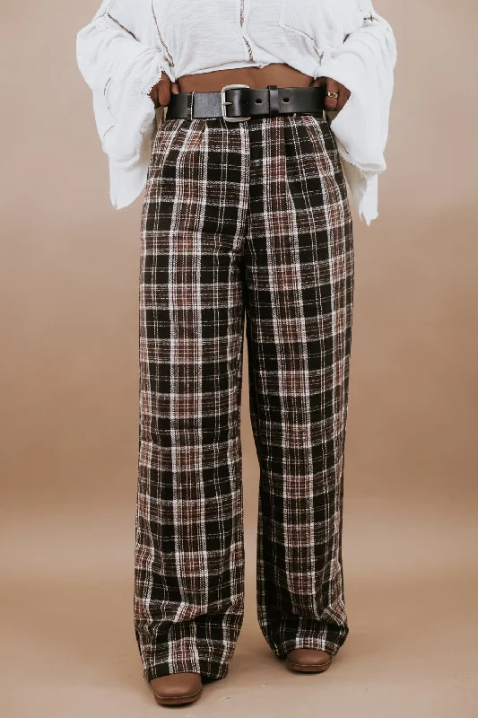 Plaid Straight Leg Pants, Brown