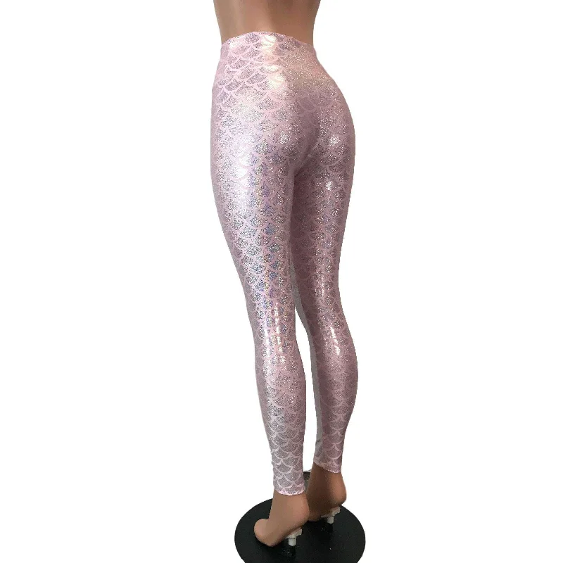 Pink Mermaid Scale Holo Holographic High Waisted Leggings Pants