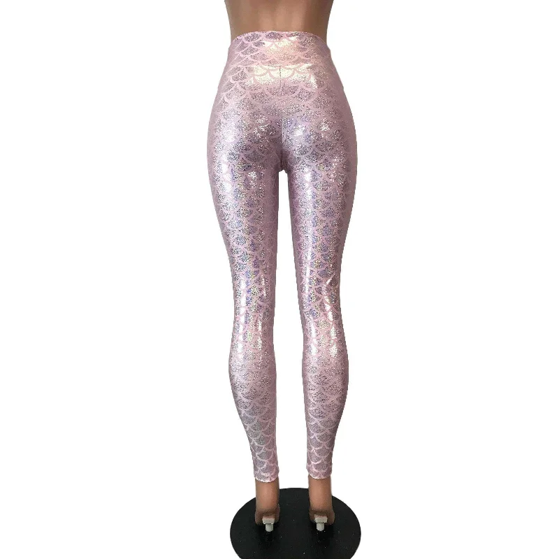 Pink Mermaid Scale Holo Holographic High Waisted Leggings Pants