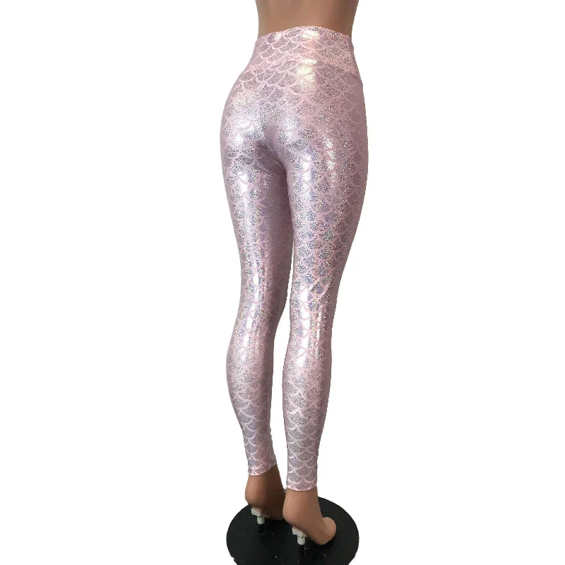 Pink Mermaid Scale Holo Holographic High Waisted Leggings Pants