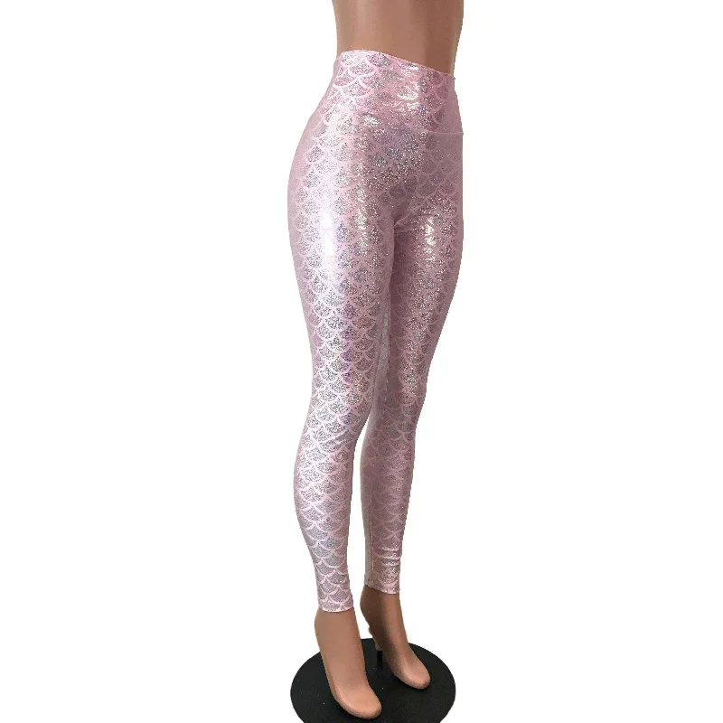 Pink Mermaid Scale Holo Holographic High Waisted Leggings Pants