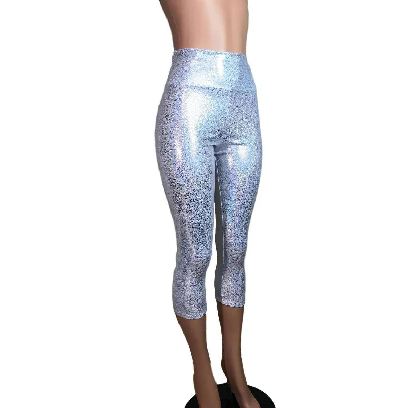 Silver Holographic Cropped Capri Leggings Pants