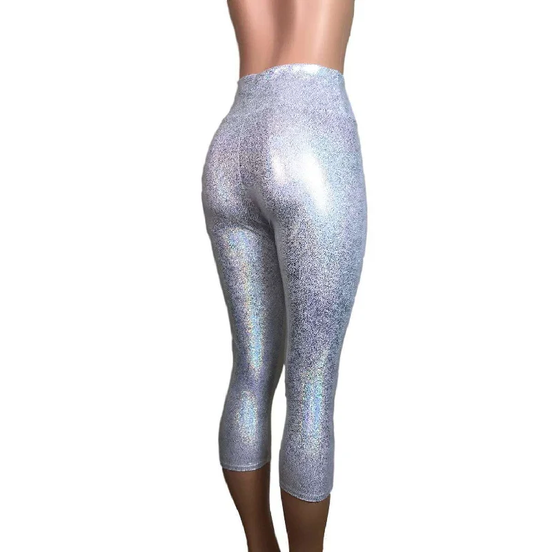 Silver Holographic Cropped Capri Leggings Pants