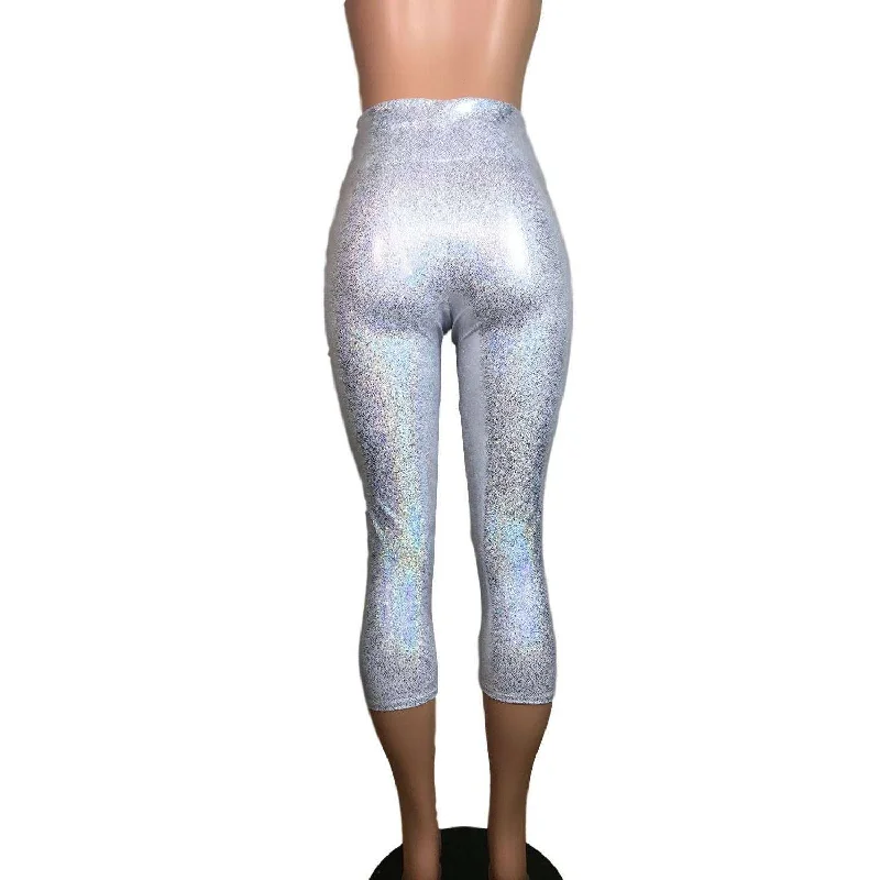 Silver Holographic Cropped Capri Leggings Pants