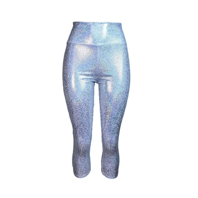 Silver Holographic Cropped Capri Leggings Pants