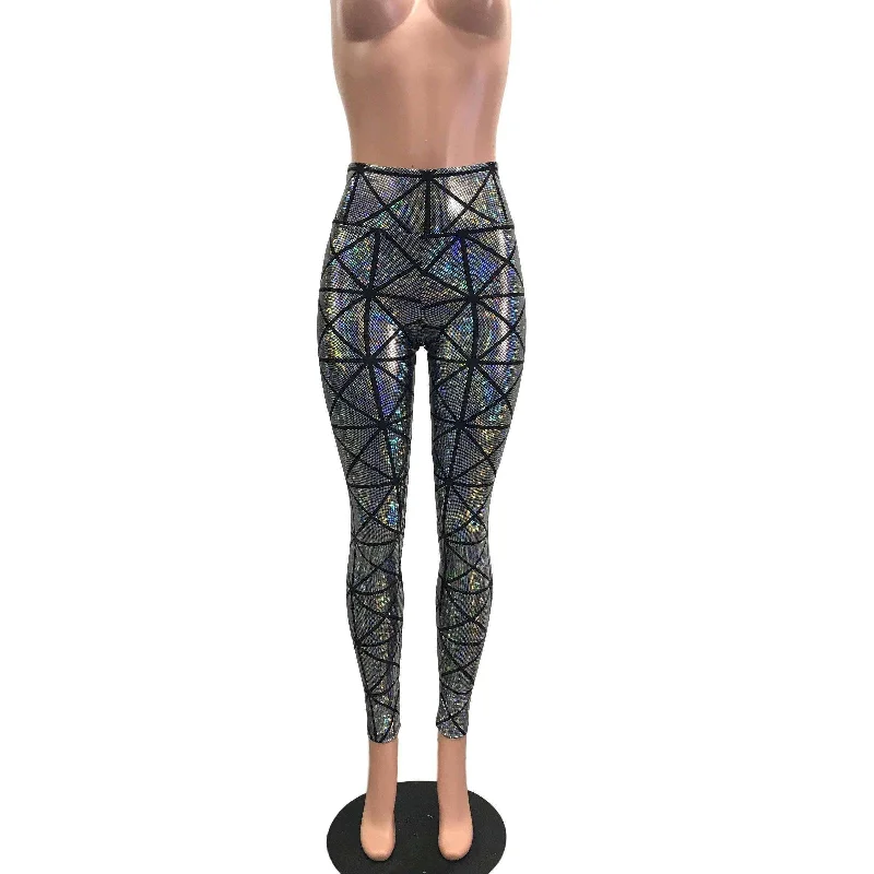 Silver Window Pane Shattered Glass Holographic Leggings Pants