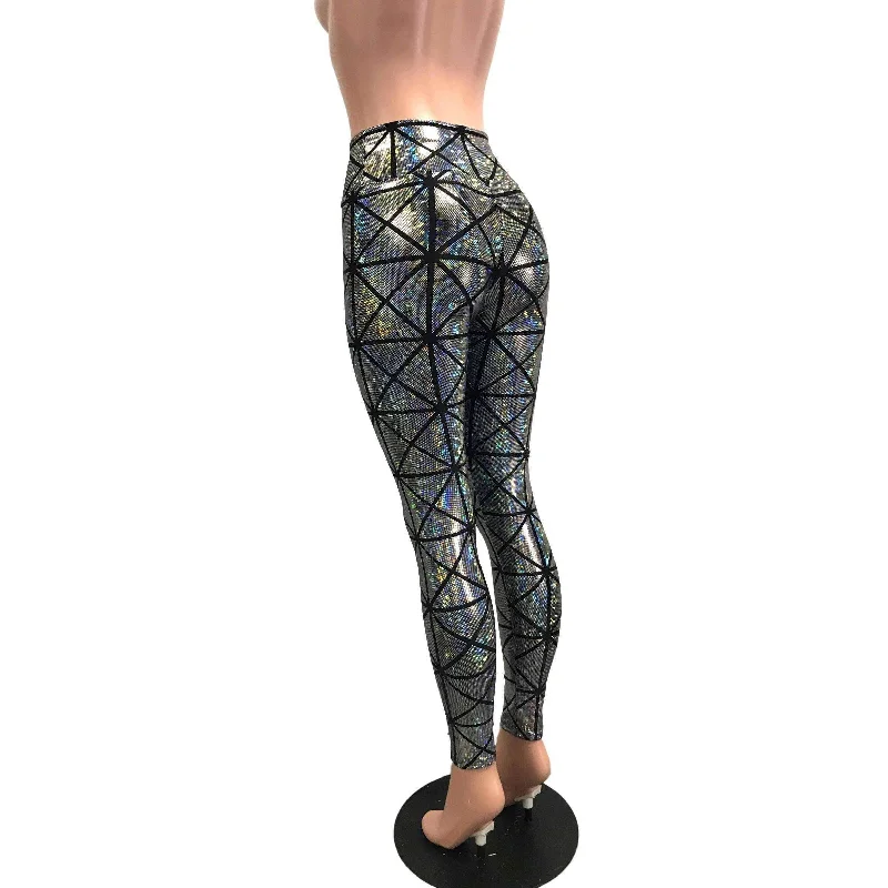 Silver Window Pane Shattered Glass Holographic Leggings Pants