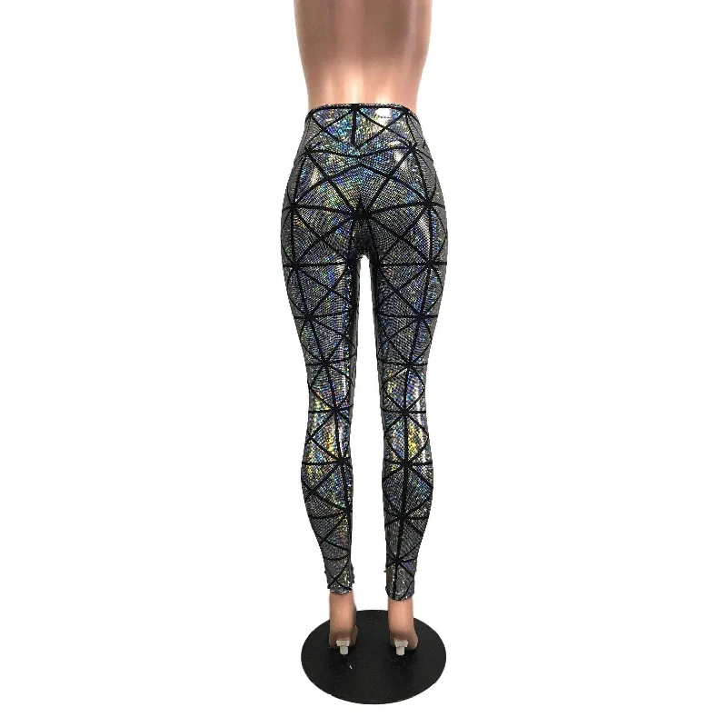 Silver Window Pane Shattered Glass Holographic Leggings Pants