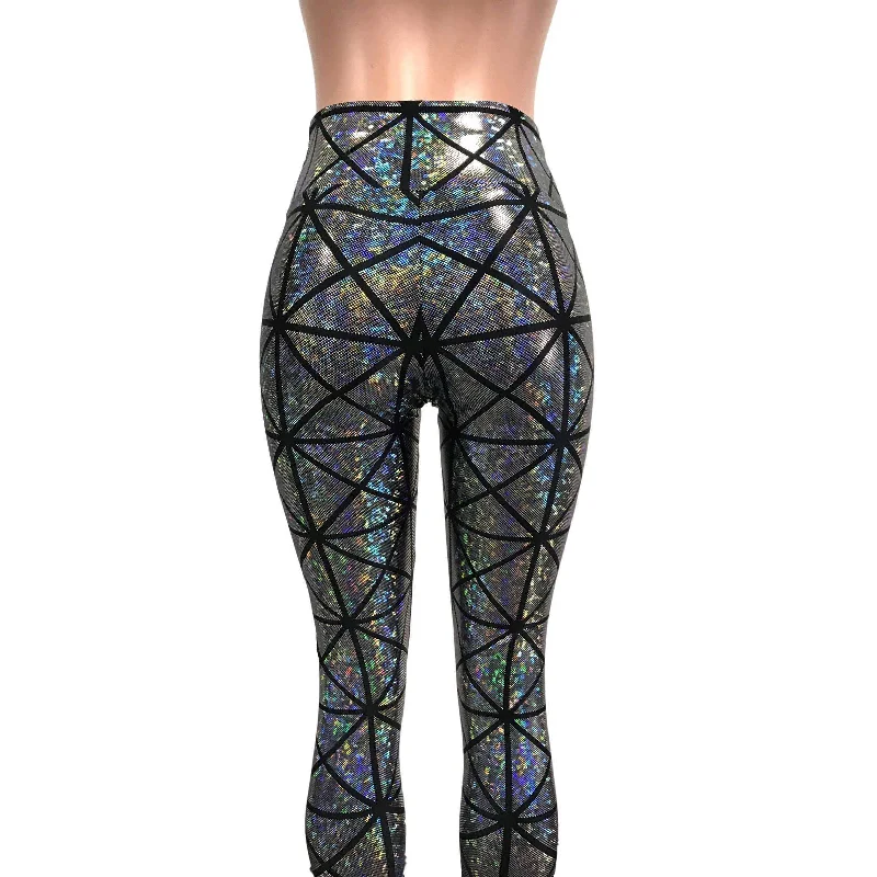 Silver Window Pane Shattered Glass Holographic Leggings Pants