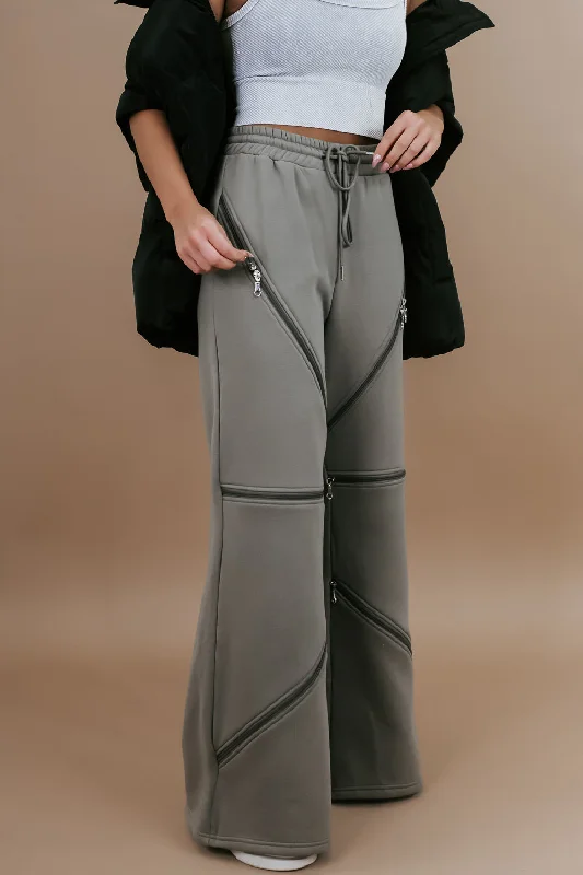 Zipper Detail Wide Leg Sweatpants, Ash