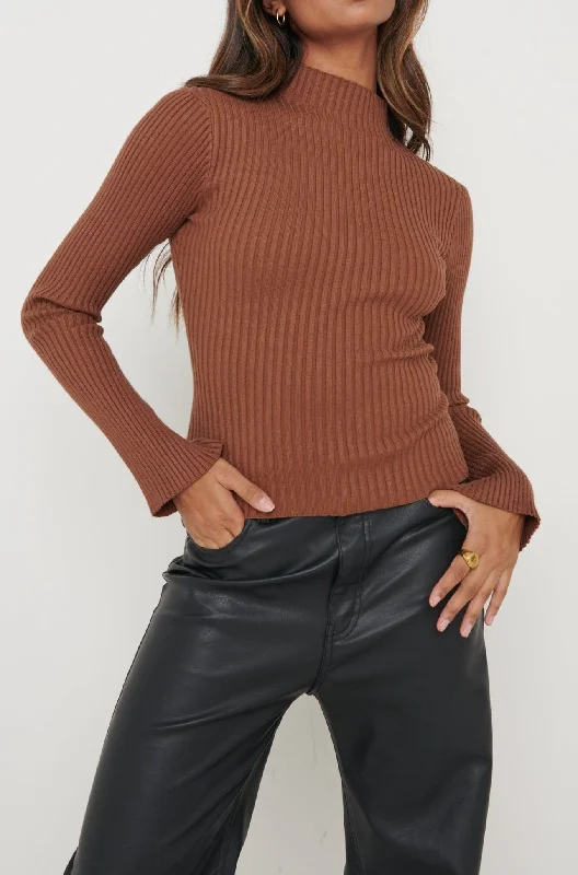 Abbey Ribbed Grown Neck Top - Brown