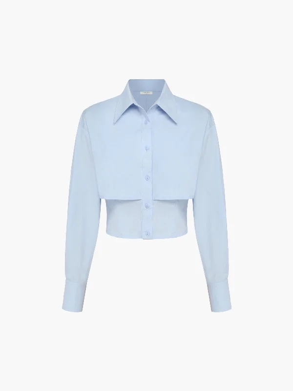 Baby Blue Open Collar Double Layer Crop Shirt