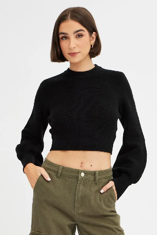 Black Knit Top Long Sleeve Crop Round Neck