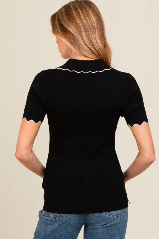 black-ribbed-scallop-trim-split-v-neck-short-sleeve-maternity-top