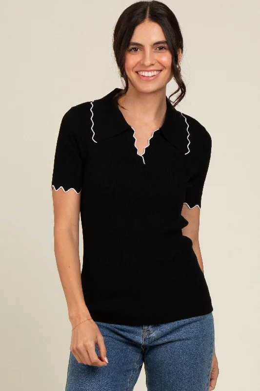 black-ribbed-scallop-trim-split-v-neck-short-sleeve-maternity-top