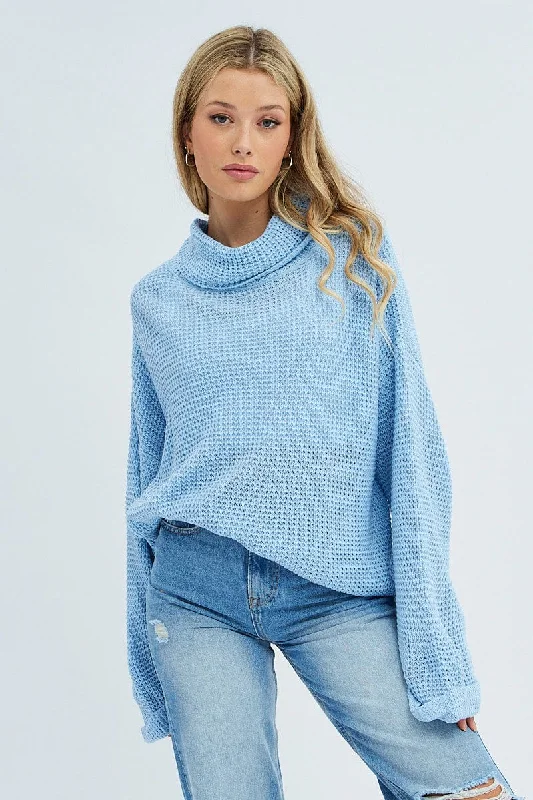 Blue Knit Top Long Sleeve Oversized Turtleneck