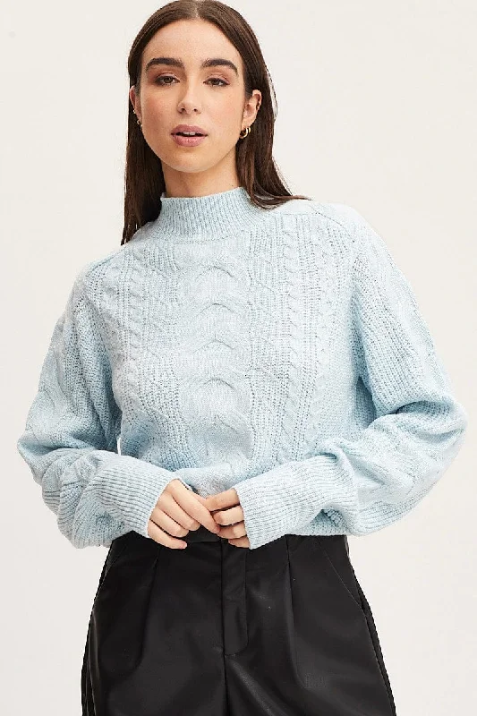 Blue Knit Top Long Sleeve Relaxed Turtleneck Cable