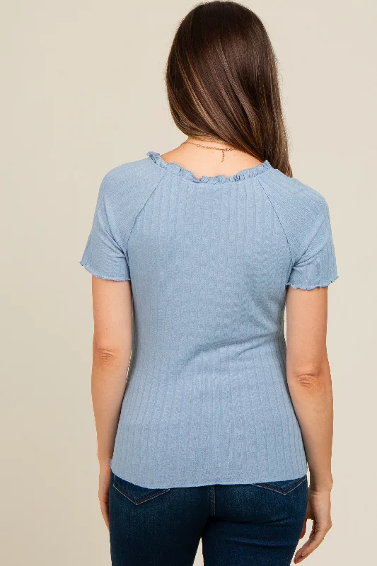 blue-ruffle-trim-ribbed-maternity-top