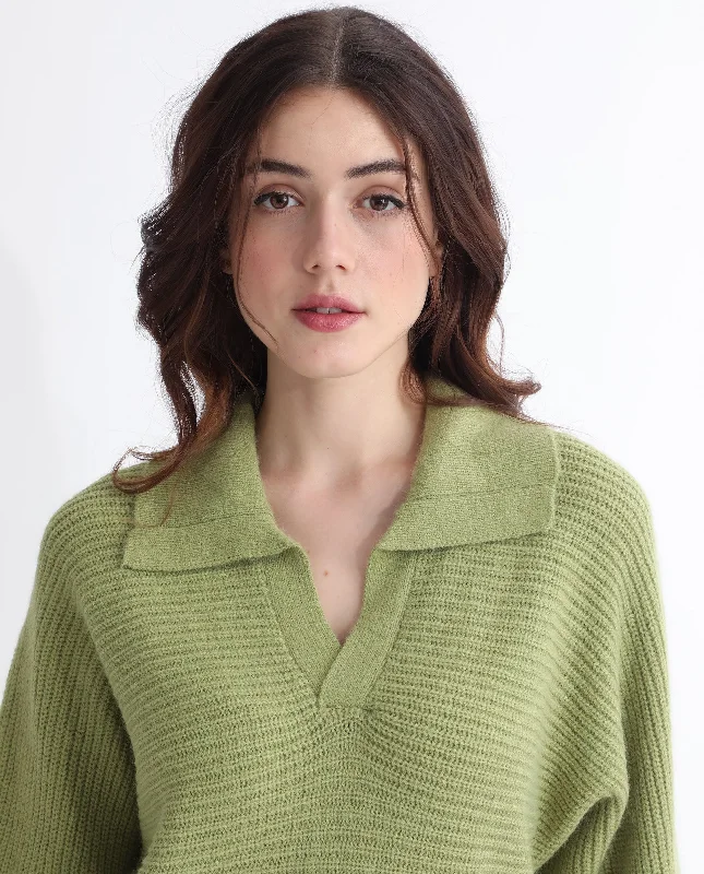 Rareism Women'S Cecile Dusky Green Acrylic Fabric Full Sleeves Relaxed Fit Solid Drop Collar Sweater