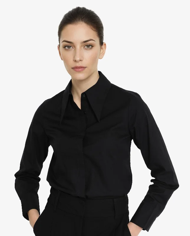 Rareism Women'S Ceos Black Cuffed Sleeve Collared Neck Plain Shirt