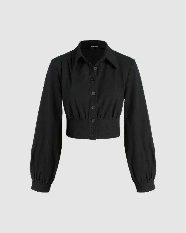 Collar Neck Long Sleeve Ruched Crop Black Shirt