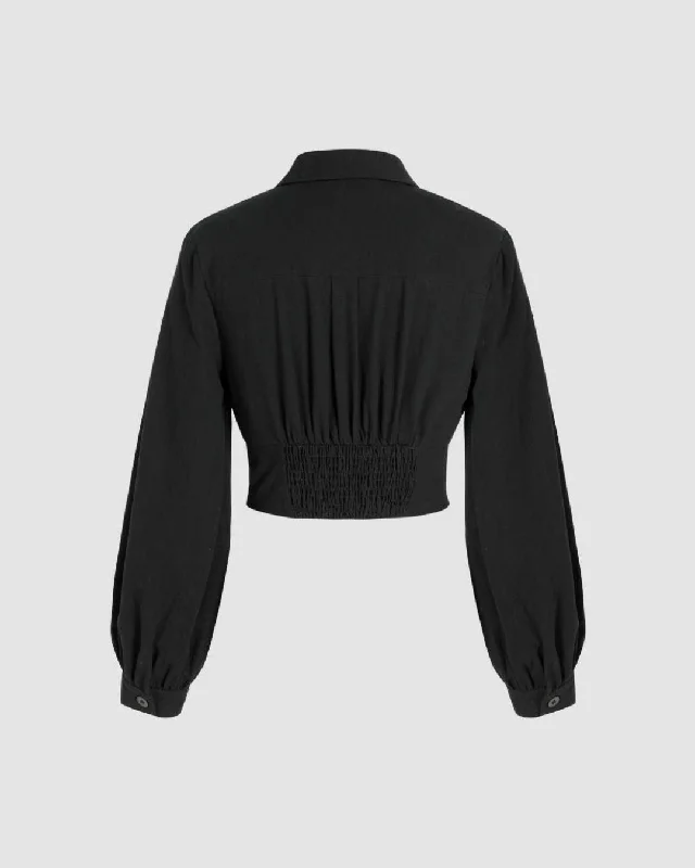 collar-neck-long-sleeve-ruched-crop-black-shirt