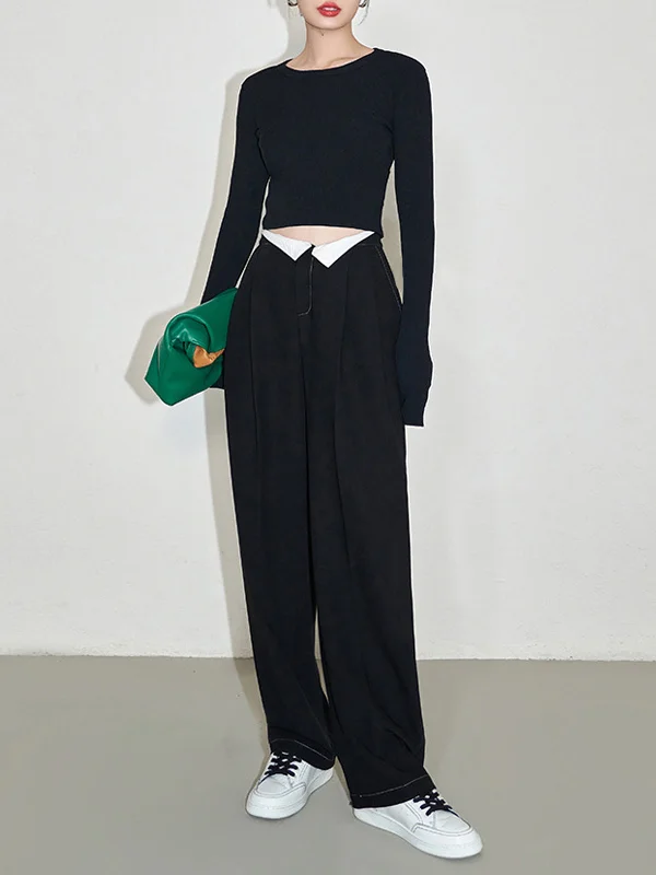 contrast-binding-straight-leg-pleated-long-pants