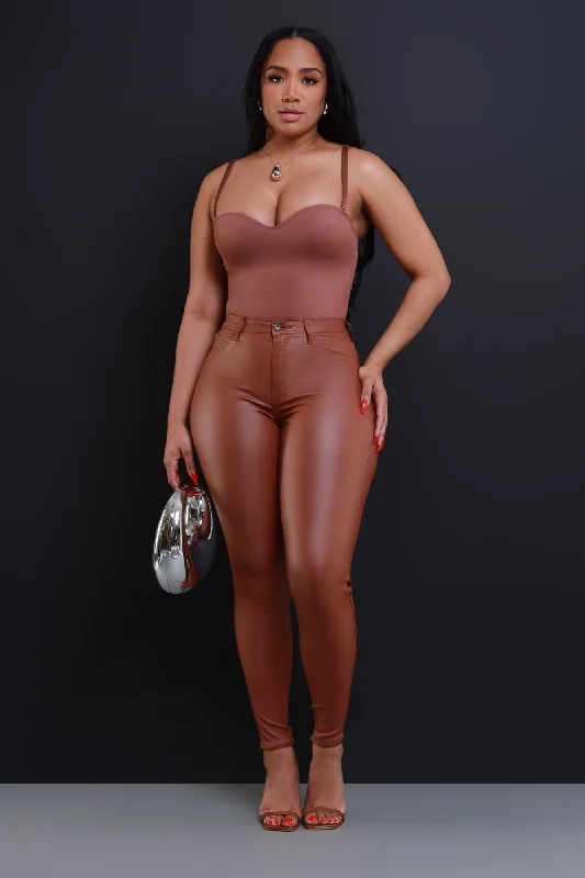 Curve You Faux Leather High Rise Pants  - Rust