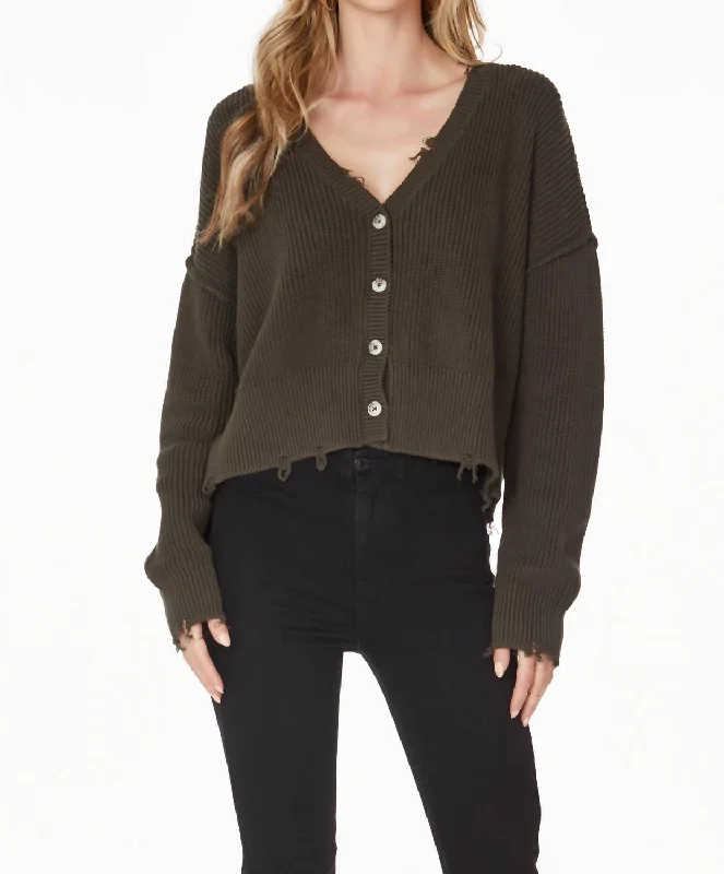 Distressed Button Front Cardigan In Army