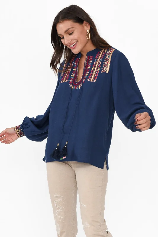 Eldrick Navy Aztec Tassel Top