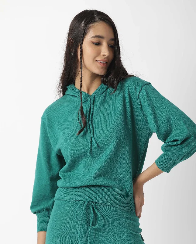 Rareism Women'S Finn Sweat Green Cotton Fabric Full Sleeves Relaxed Fit Solid Hooded Sweater