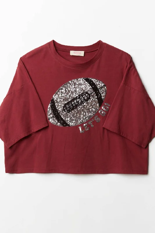 Football Sequin Patch Crop Tee In Maroon